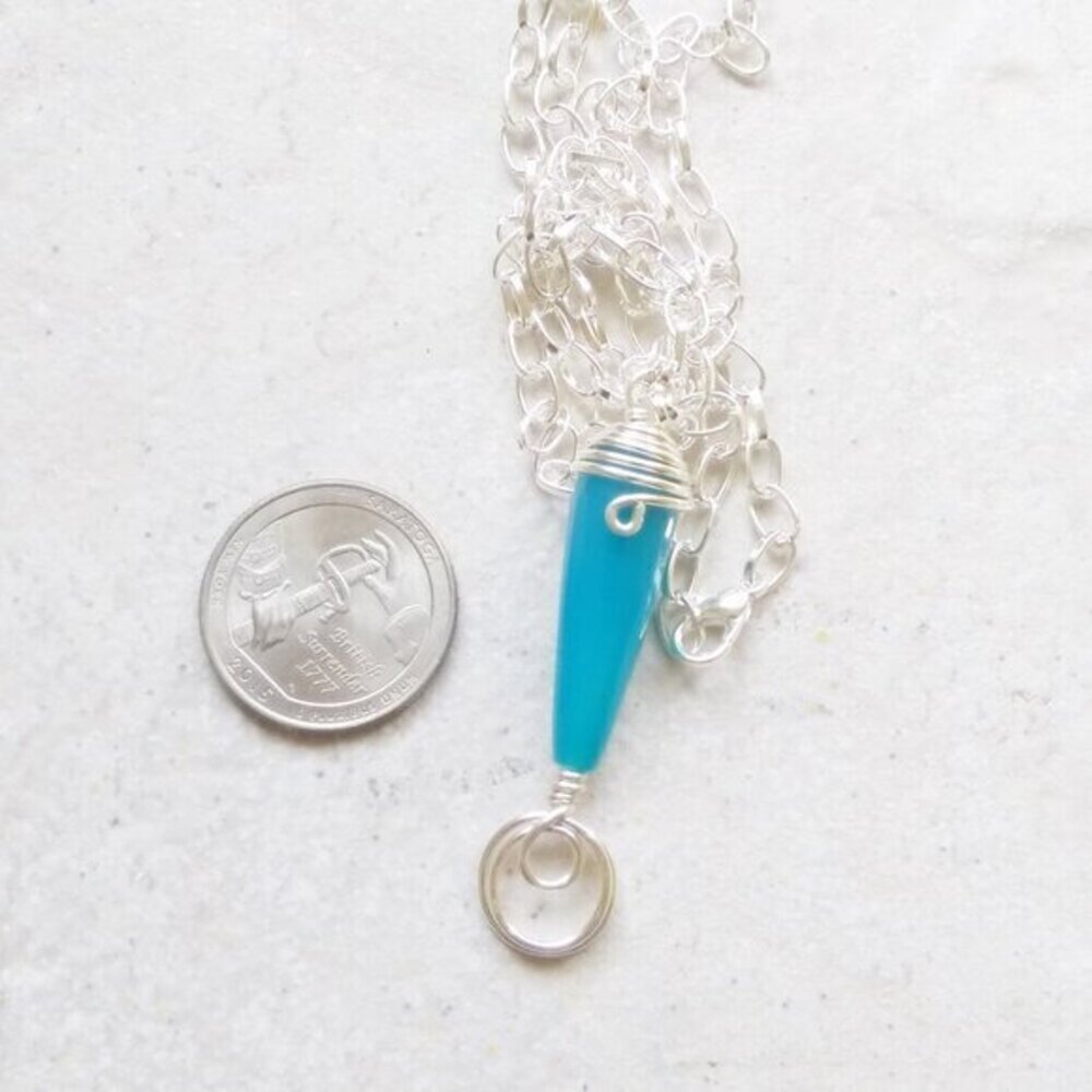 Aqua Blue! Long Agate Teardrop Gemstone Pendant + Chain! Beachy Coastal Grandma - Picture 3 of 10